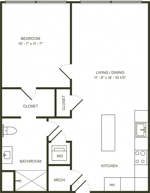 Floor plan for 1 bed, 1 bath, 652 sqft
